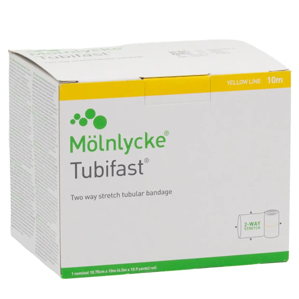 Mölnlycke TUBIFAST 2-Way Stretch Schlauchverband Yellow Line 10,75 cm × 10 m – 1 Rolle