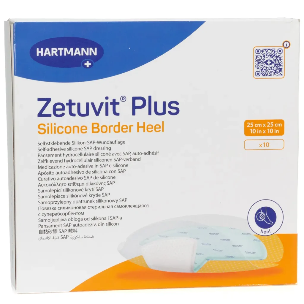 HARTMANN Zetuvit Plus Silicone Border Heel, 25 × 25 cm, 10 Wundauflagen – Produktverpackung