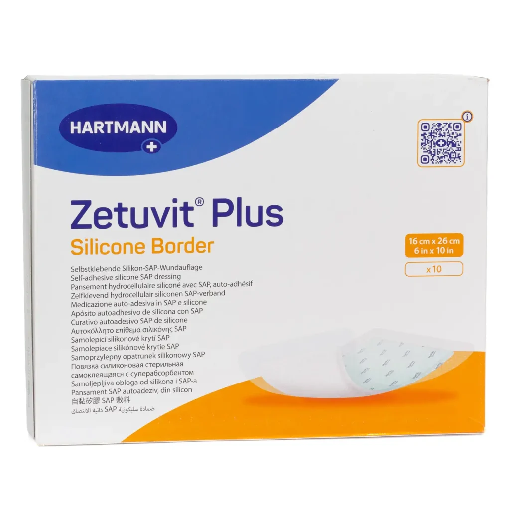 HARTMANN Zetuvit Plus Silicone Border, 16 × 26 cm, 10 Wundauflagen – Produktverpackung