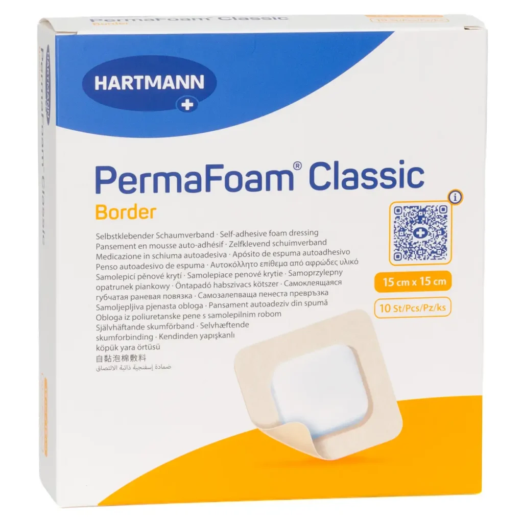 HARTMANN PermaFoam Classic Border, 15 × 15 cm, 10 Wundauflagen – Produktverpackung
