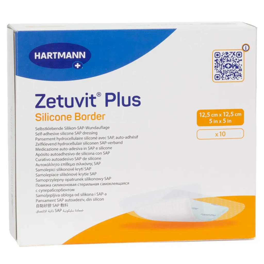 HARTMANN Zetuvit Plus Silicone Border, 12,5 × 12,5 cm, 10 Wundauflagen – Produktverpackung