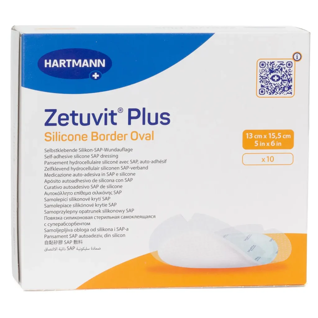 HARTMANN Zetuvit Plus Silicone Border Oval, 13 × 15,5 cm, 10 Wundauflagen – Produktverpackung