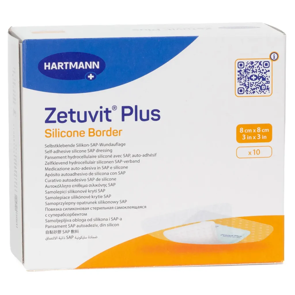 HARTMANN Zetuvit Plus Silicone Border, 8 × 8 cm, 10 Wundauflagen – Produktverpackung