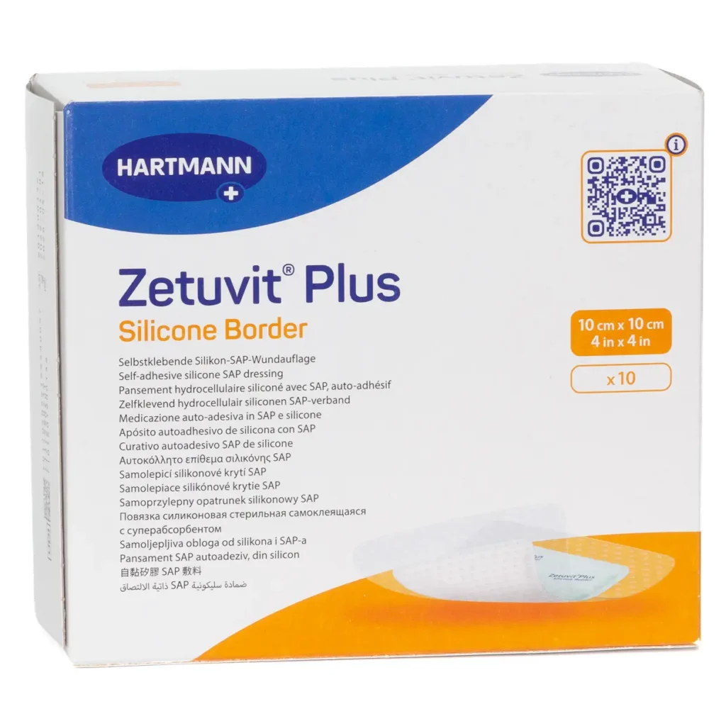 HARTMANN Zetuvit Plus Silicone Border, 10 × 10 cm, 10 Wundauflagen – Produktverpackung