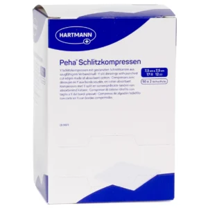HARTMANN Peha Schlitzkompressen, 7,5 × 7,5 cm, 50 × 2 Kompressen – Produktverpackung