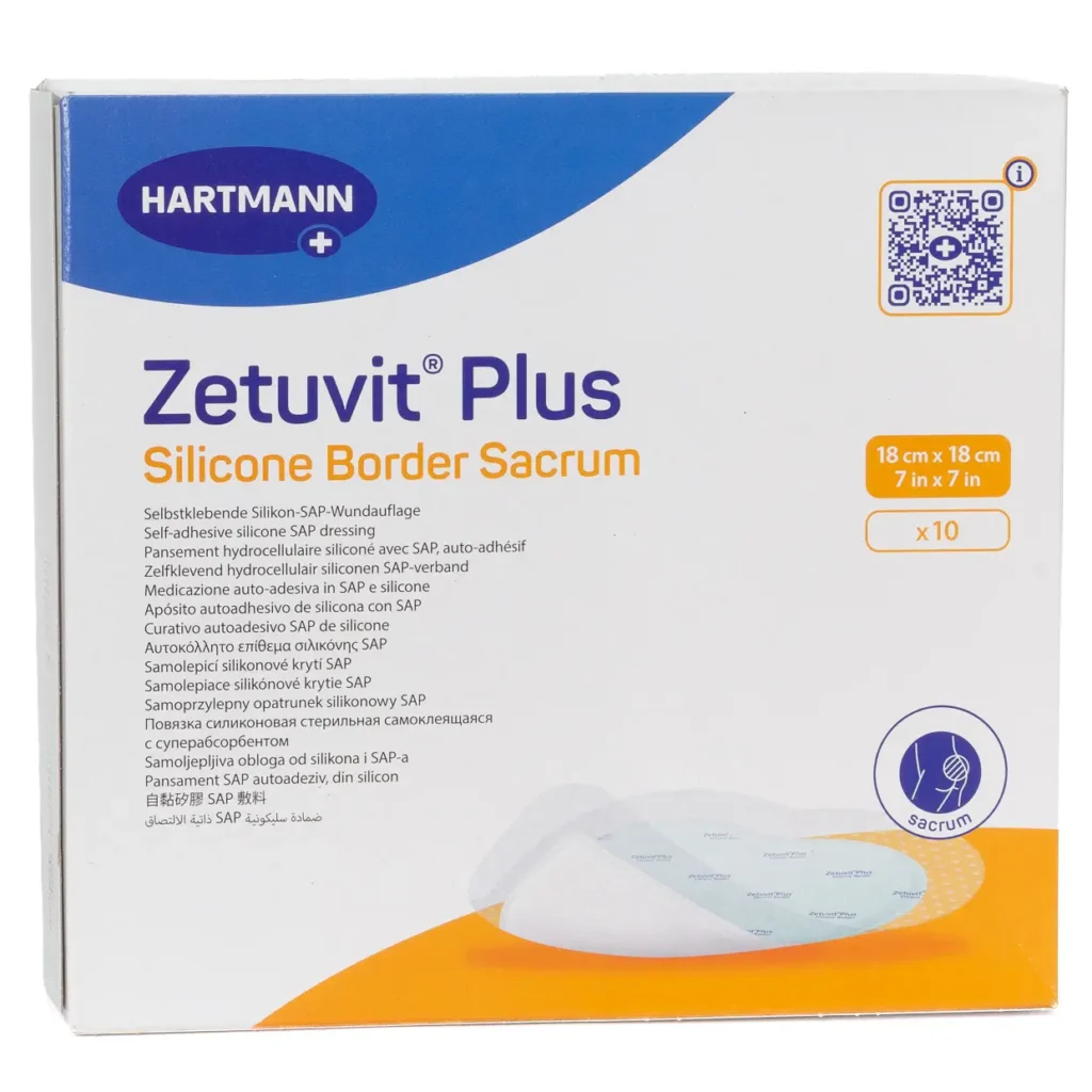 HARTMANN Zetuvit Plus Silicone Border Sacrum, 18 × 18 cm, 10 Wundauflagen – Produktverpackung