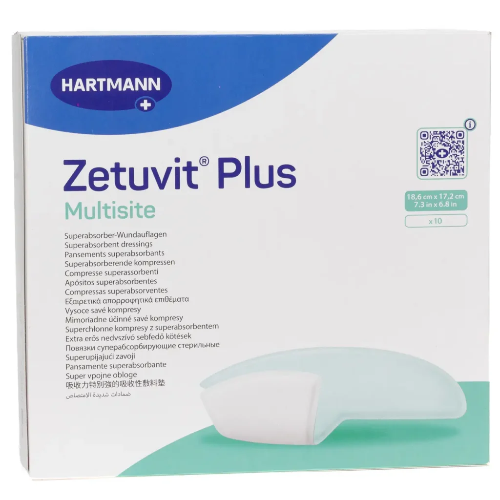 HARTMANN Zetuvit Plus Multisite, 18,6 × 17,2 cm, 10 Wundauflagen – Produktverpackung