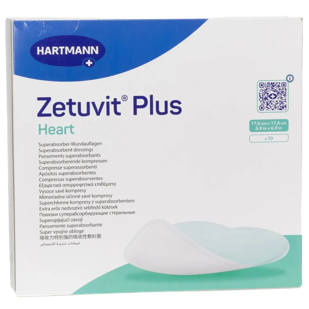HARTMANN Zetuvit Plus Heart, 17,6 × 17,6 cm, 10 Wundauflagen – Produktverpackung