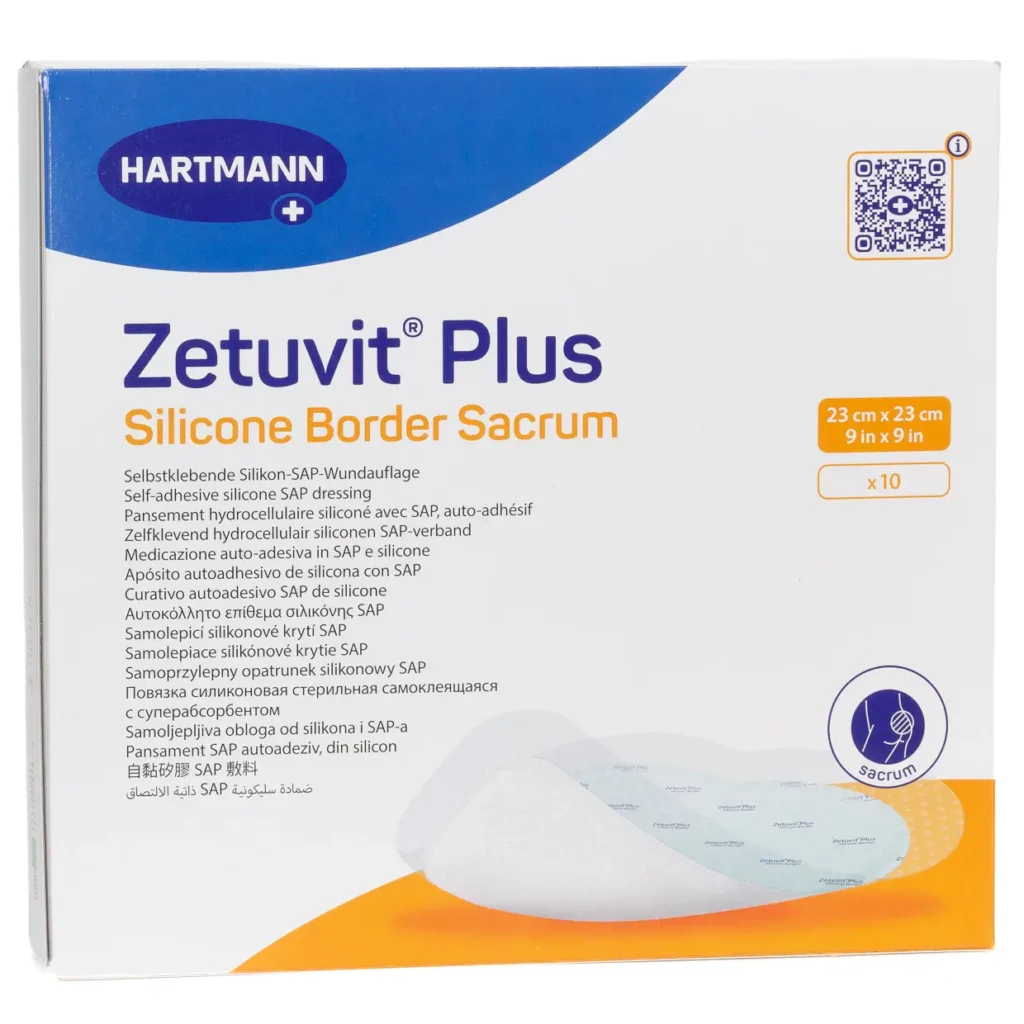 HARTMANN Zetuvit Plus Silicone Border Sacrum, 23 × 23 cm, 10 Wundauflagen – Produktverpackung