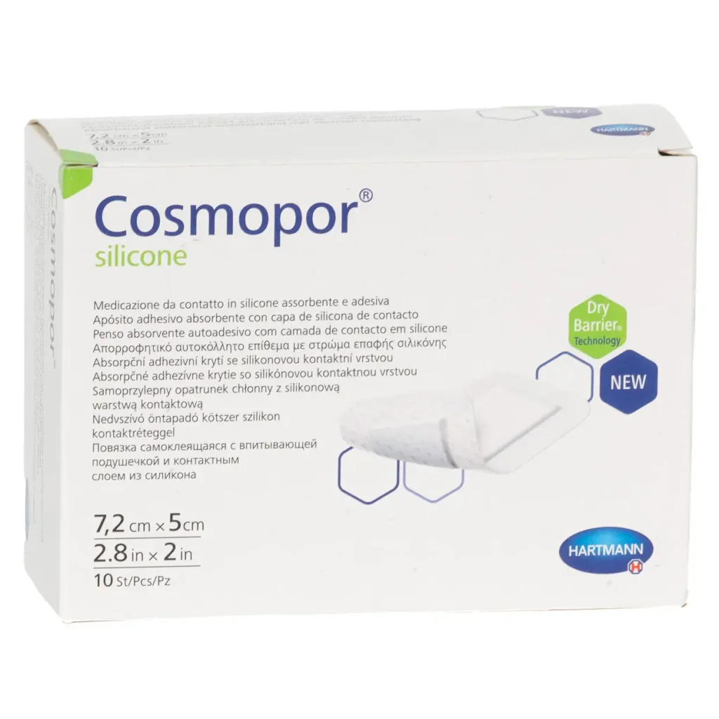 HARTMANN Cosmopor silicone, 7,2 × 5 cm, 10 Wundverbände – Produktverpackung