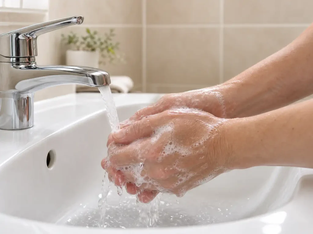 Hände werden mit Wasser und Seife an einem Waschbecken in cremefarbener Umgebung gewaschen.