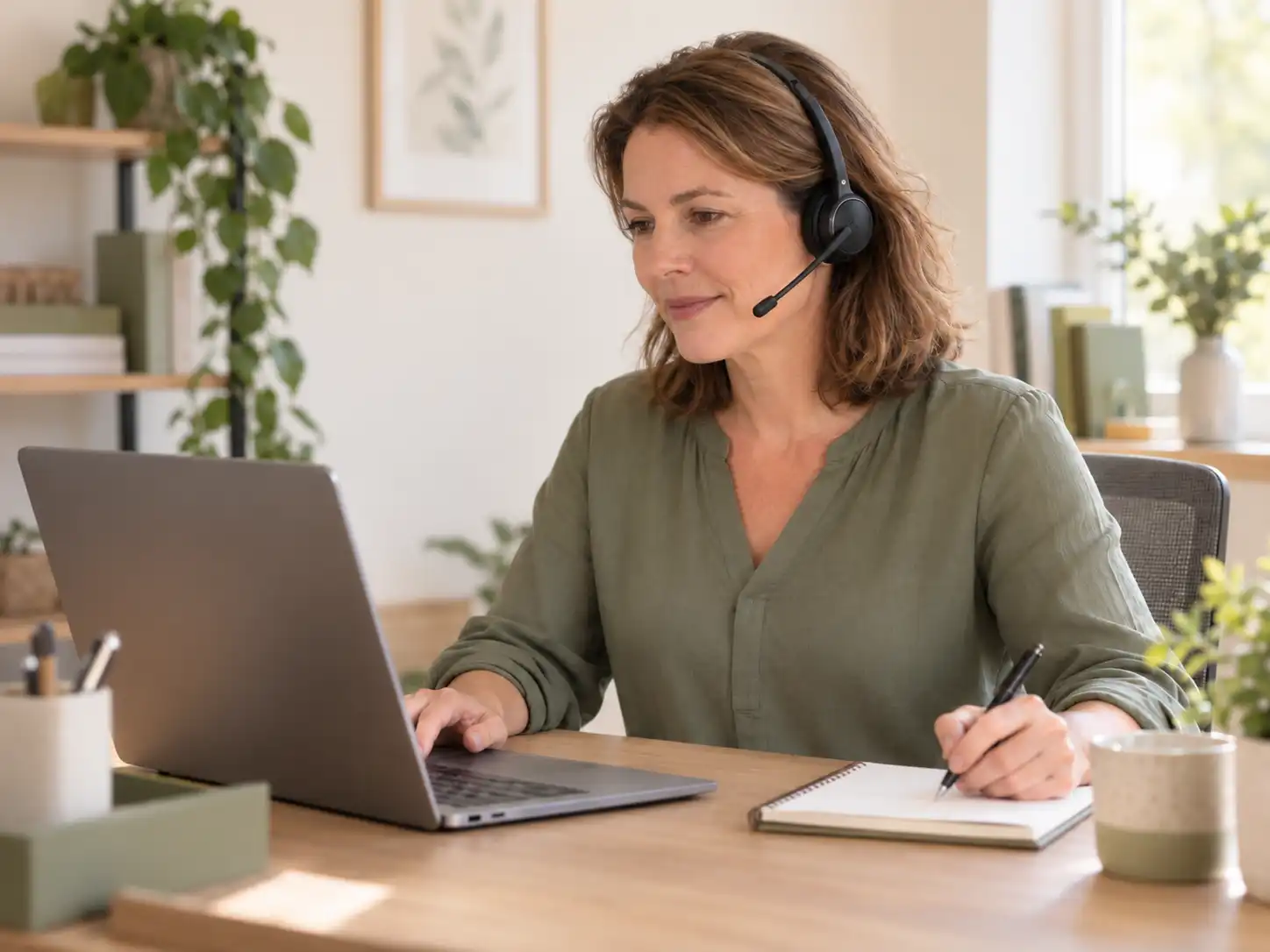 Service-Mitarbeiterin mit Headset am Laptop im telefonischen Beratungsgespräch.