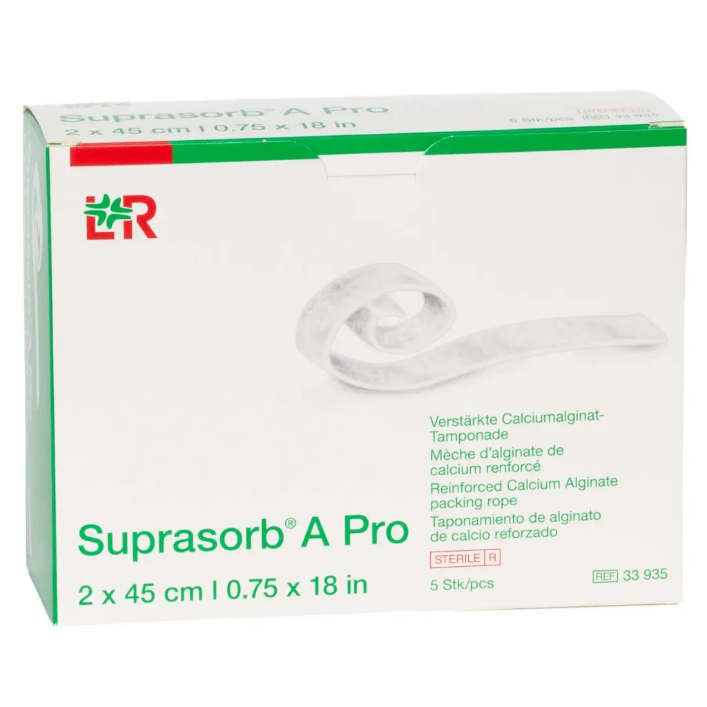 Verpackung Suprasorb A Pro Calciumalginat-Tamponade, 2 × 45 cm, 5 Tamponaden