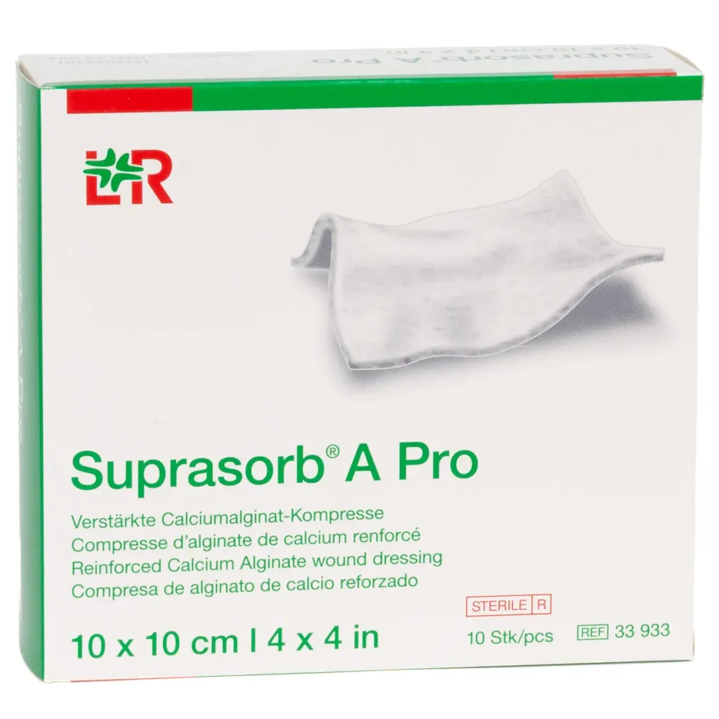 Verpackung Suprasorb A Pro Calciumalginat-Verband, 10 × 10 cm, 10 Wundauflagen