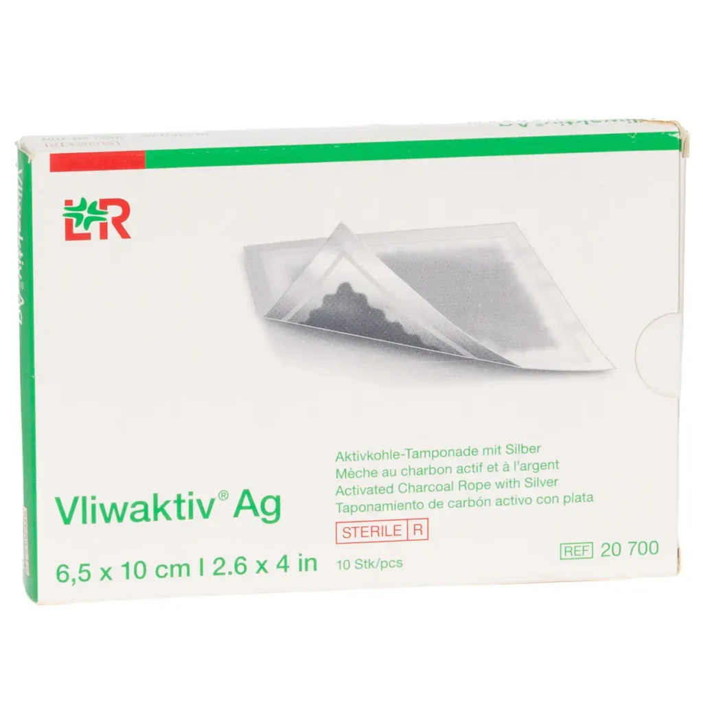 Verpackung Vliwaktiv Ag Aktivkohle-Tamponade mit Silber, 6,5 × 10 cm, 10 Tamponaden