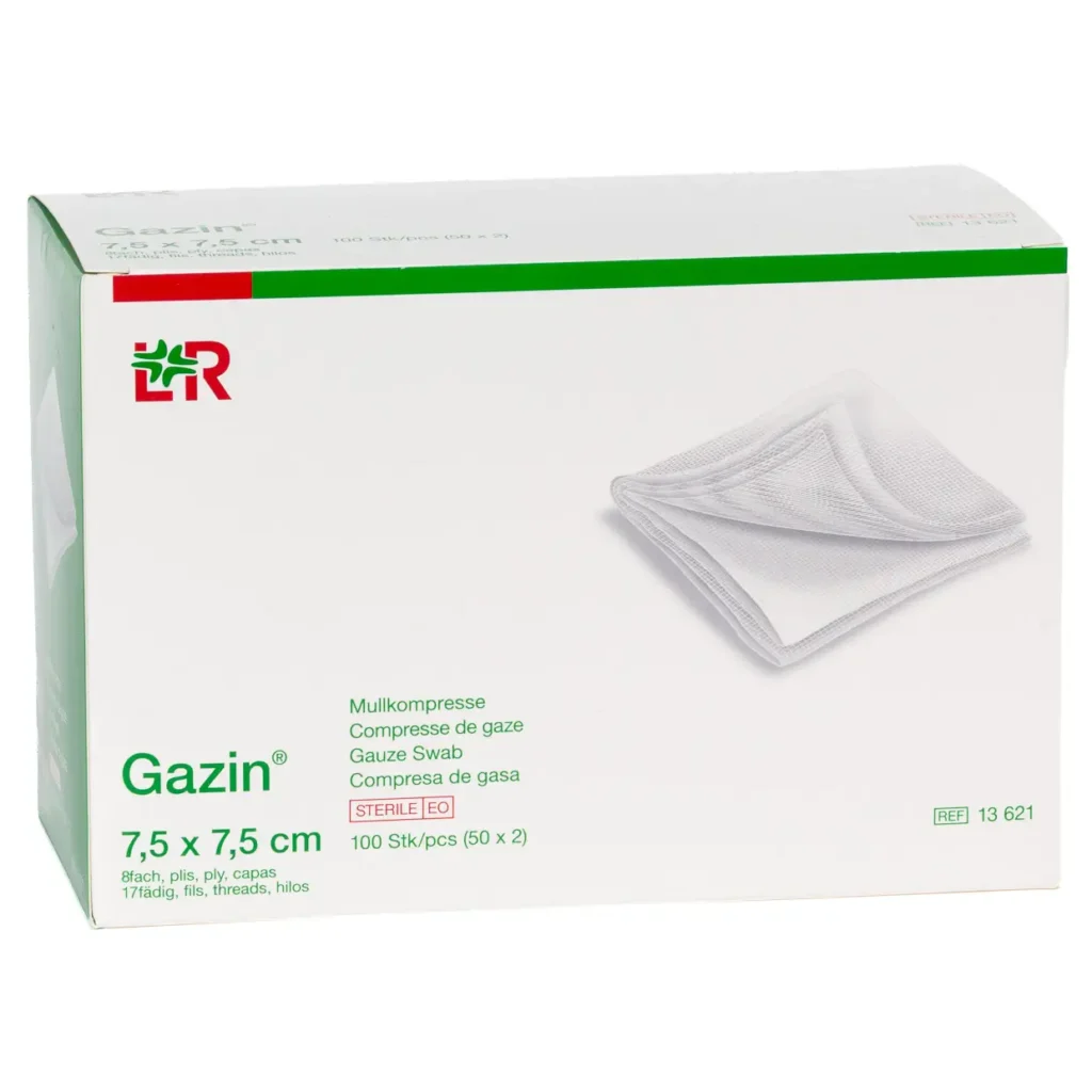 Verpackung Gazin Mullkompressen, steril, 8-fach, 7,5 × 7,5 cm, 100 Kompressen