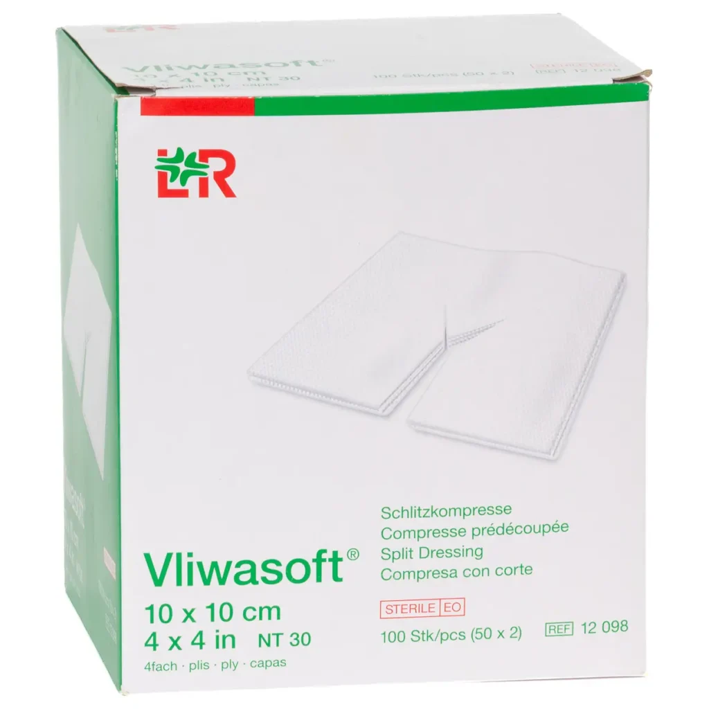 Verpackung Vliwasoft Schlitzkompressen steril, 4-fach, 10 × 10 cm, 100 Kompressen