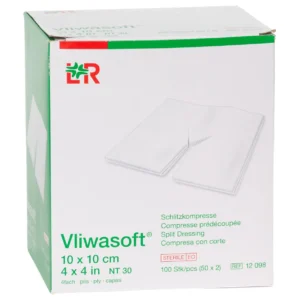 Verpackung Vliwasoft Schlitzkompressen steril, 4-fach, 10 × 10 cm, 100 Kompressen