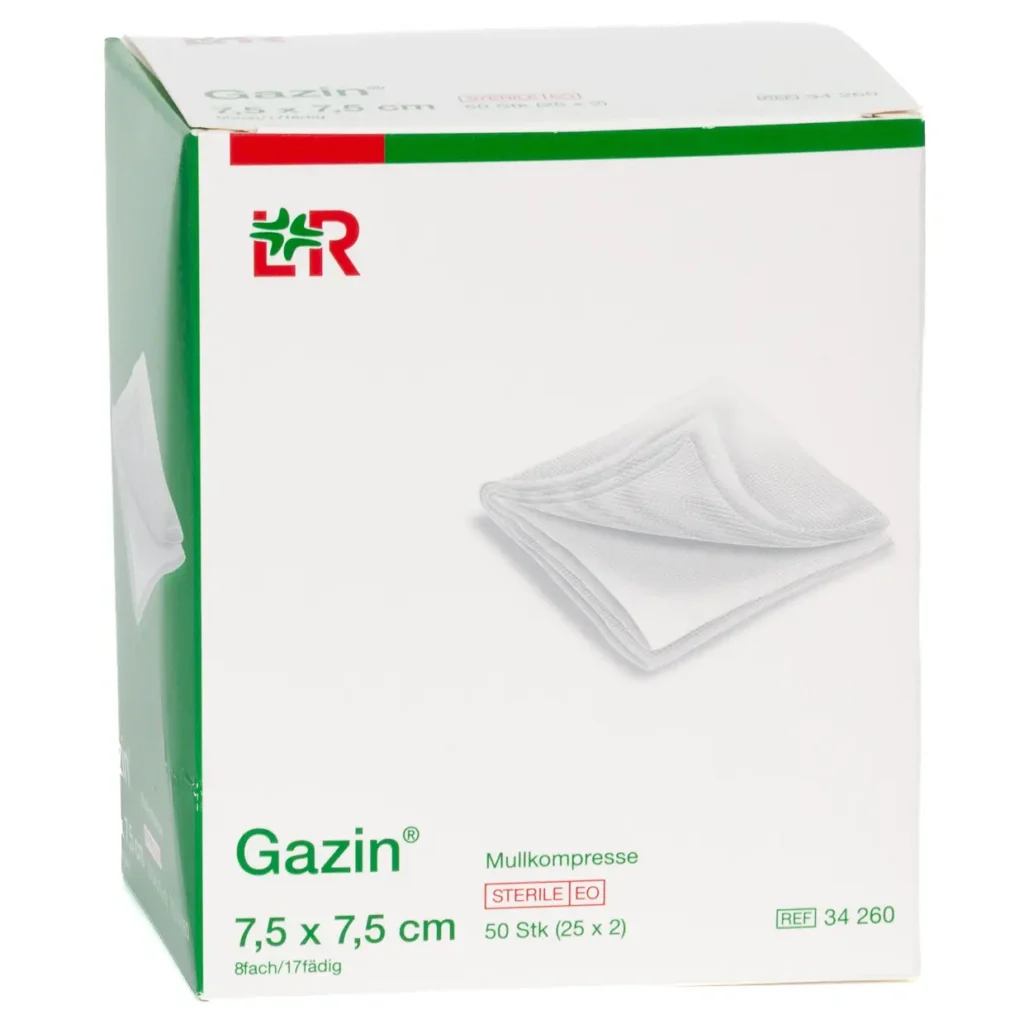 Verpackung Gazin Mullkompressen, steril, 8-fach, 7,5 × 7,5 cm, 50 Kompressen