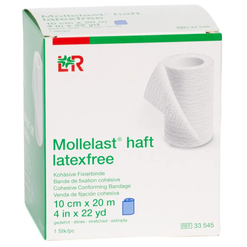 Verpackung Mollelast haft latexfrei Kohäsive Fixierbinde, latexfrei, blau, 10 cm × 20 m, 1 Binde