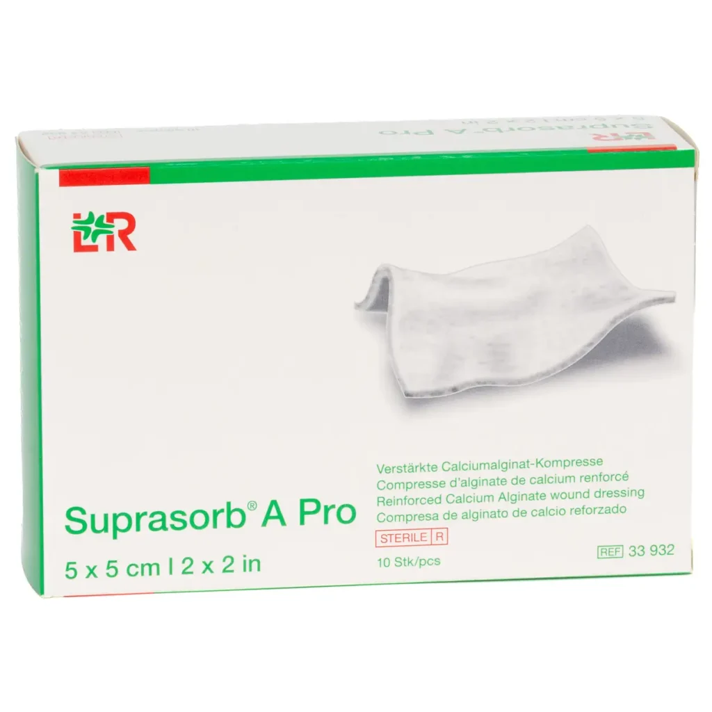Verpackung Suprasorb A Pro Calciumalginat-Verband, 5 × 5 cm, 10 Wundauflagen