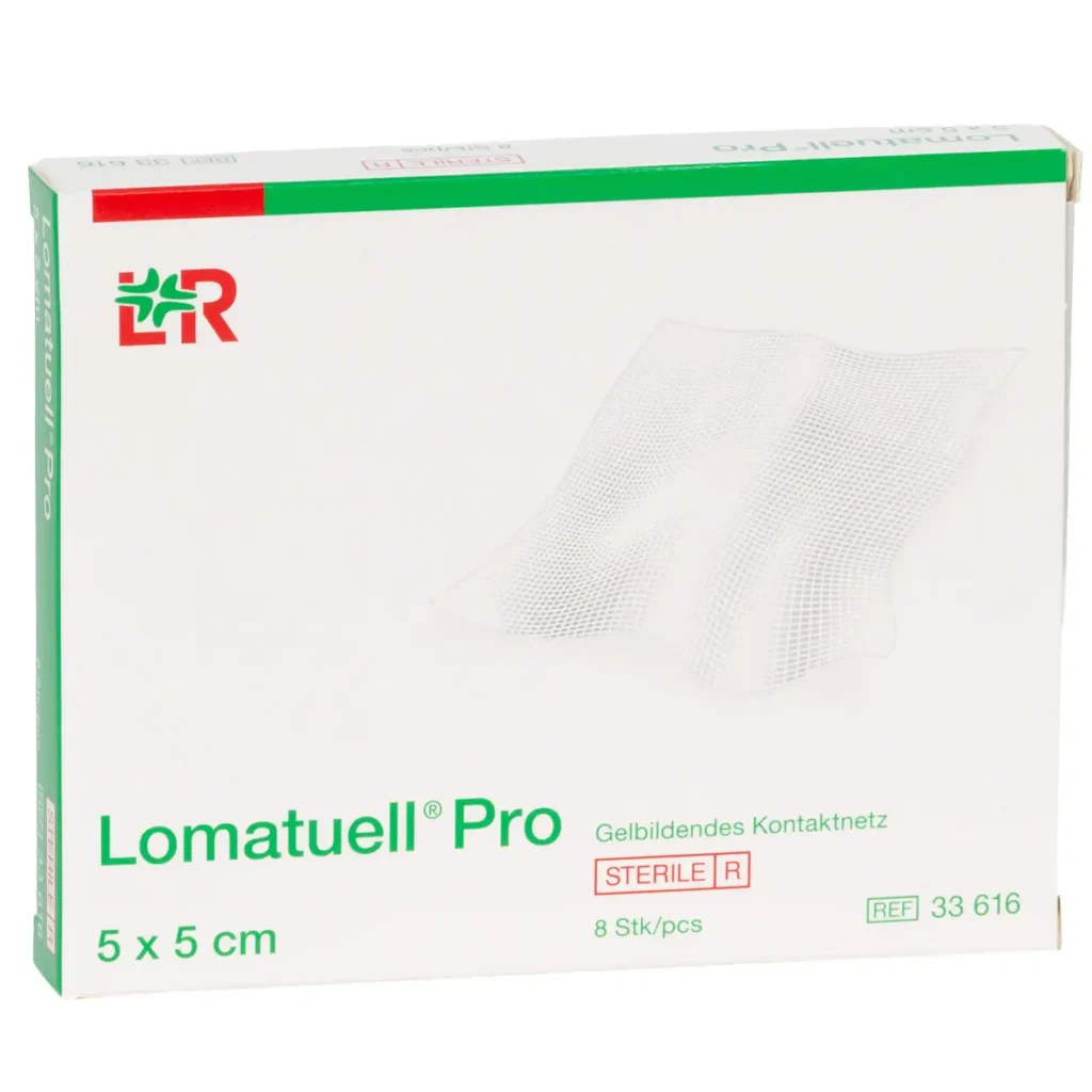 Verpackung Lomatuell Pro Gelbildendes Kontaktnetz, 5 × 5 cm, 8 Wundauflagen