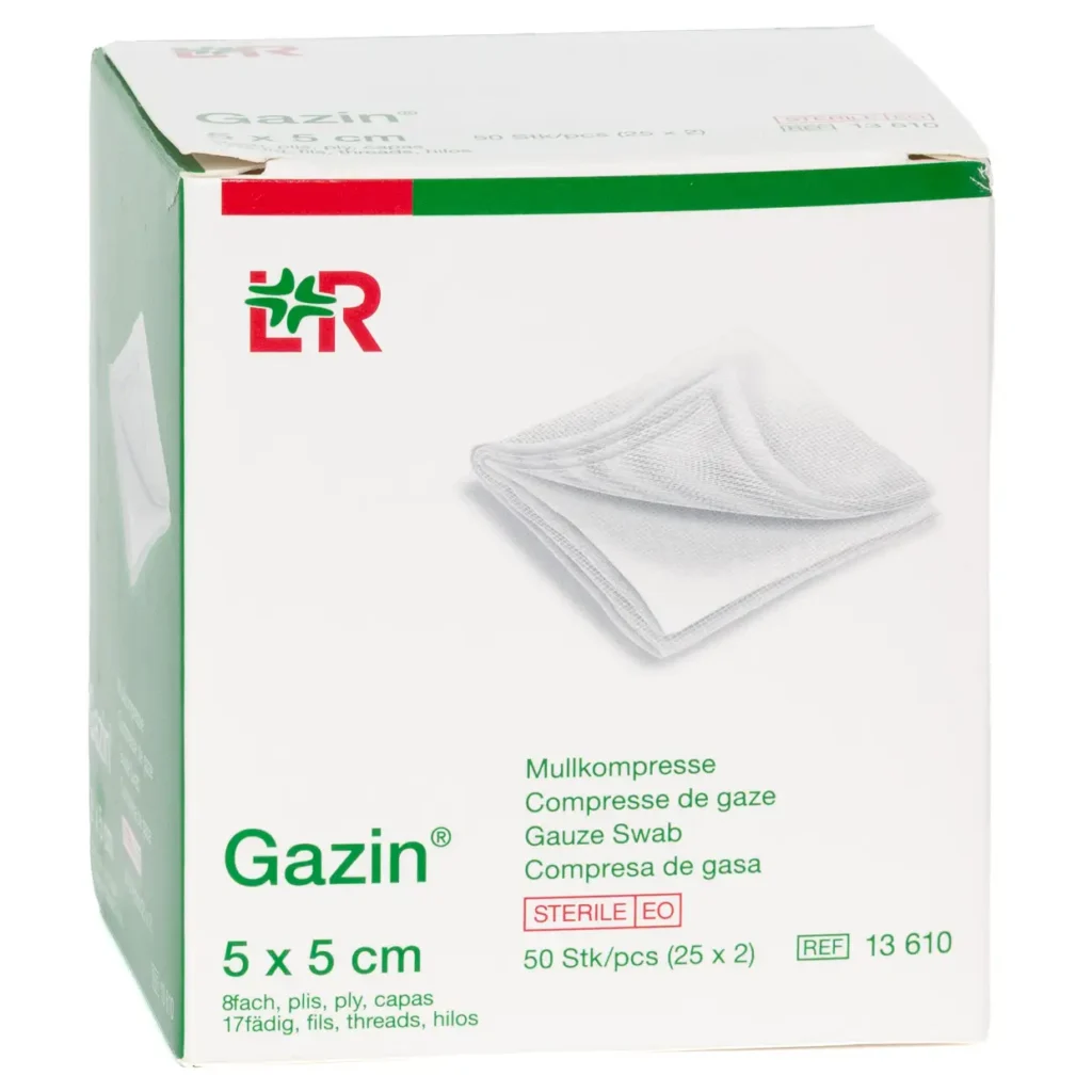 Verpackung Gazin Mullkompressen, steril, 8-fach, 5 × 5 cm, 50 Kompressen